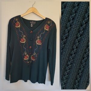 VTG Carole Little Tunic Top Medium Green Acrylic Wool Floral Embroidery Crochet